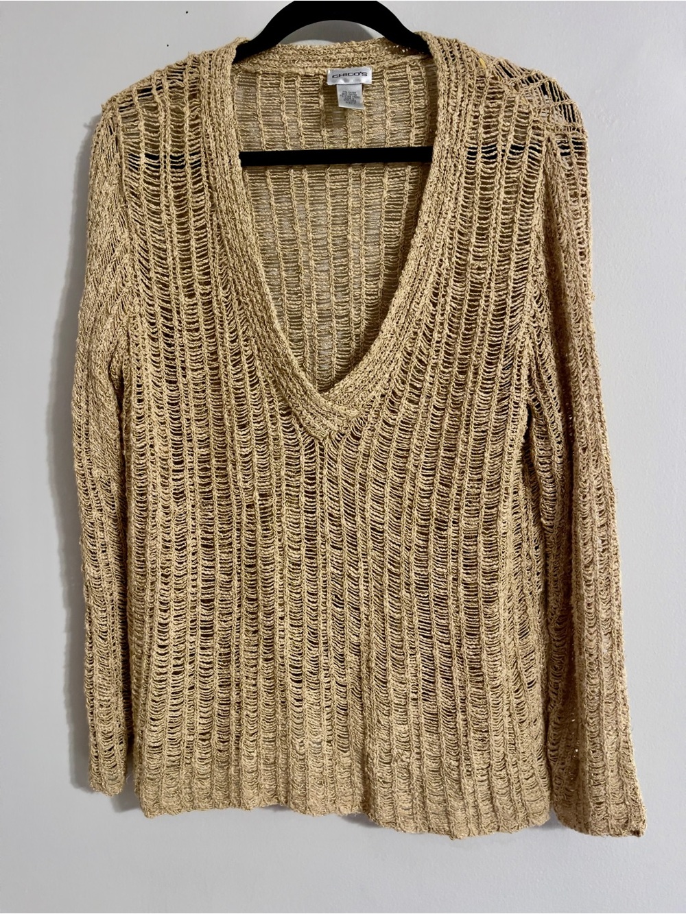 Chicos Open Knit Beachy Sweater Size 0/Sm Gold Sparkle Boho Coastal Vacation